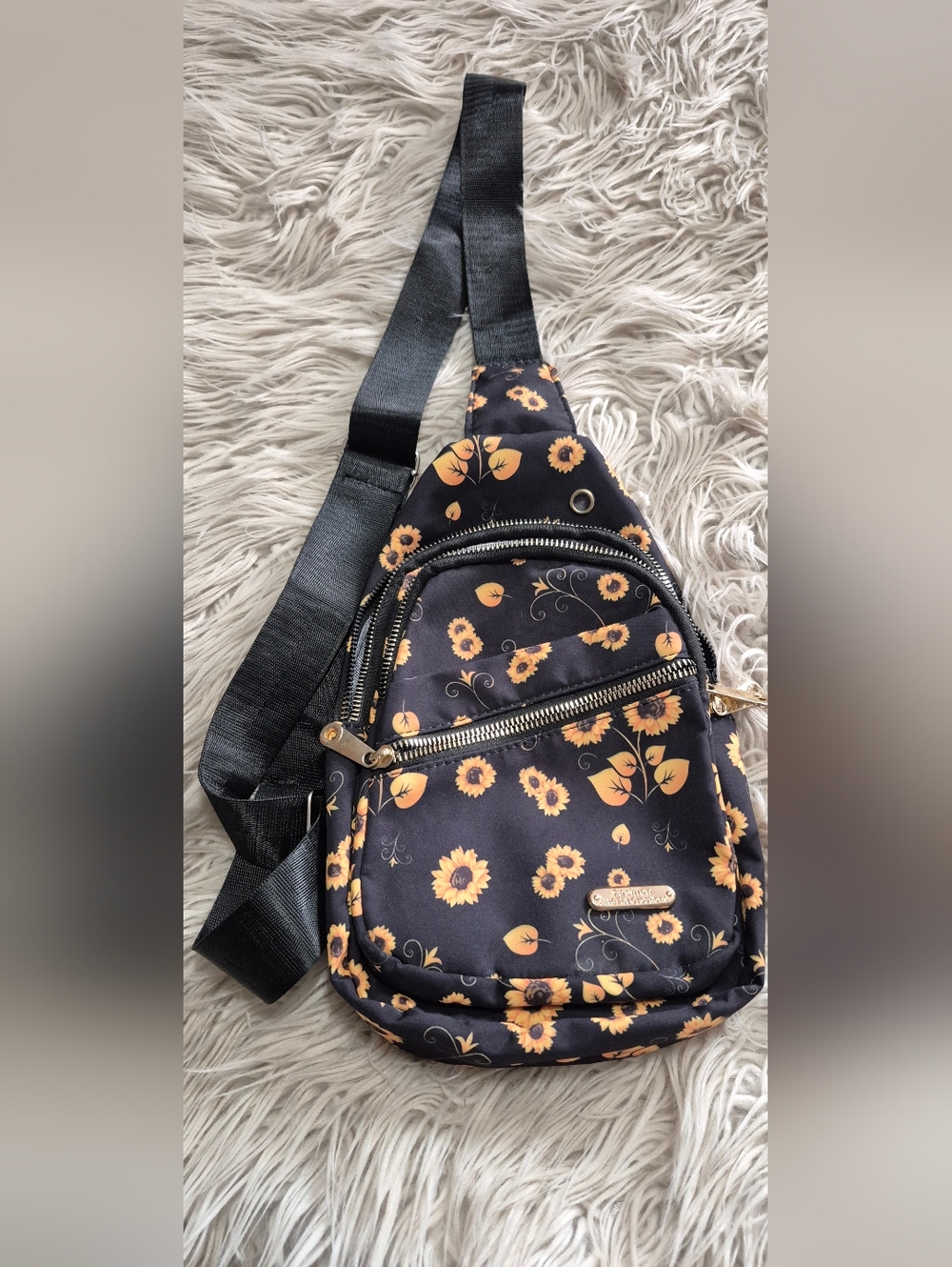 Black Floral Crossbody Sling Bag with Yellow Sunflower Print